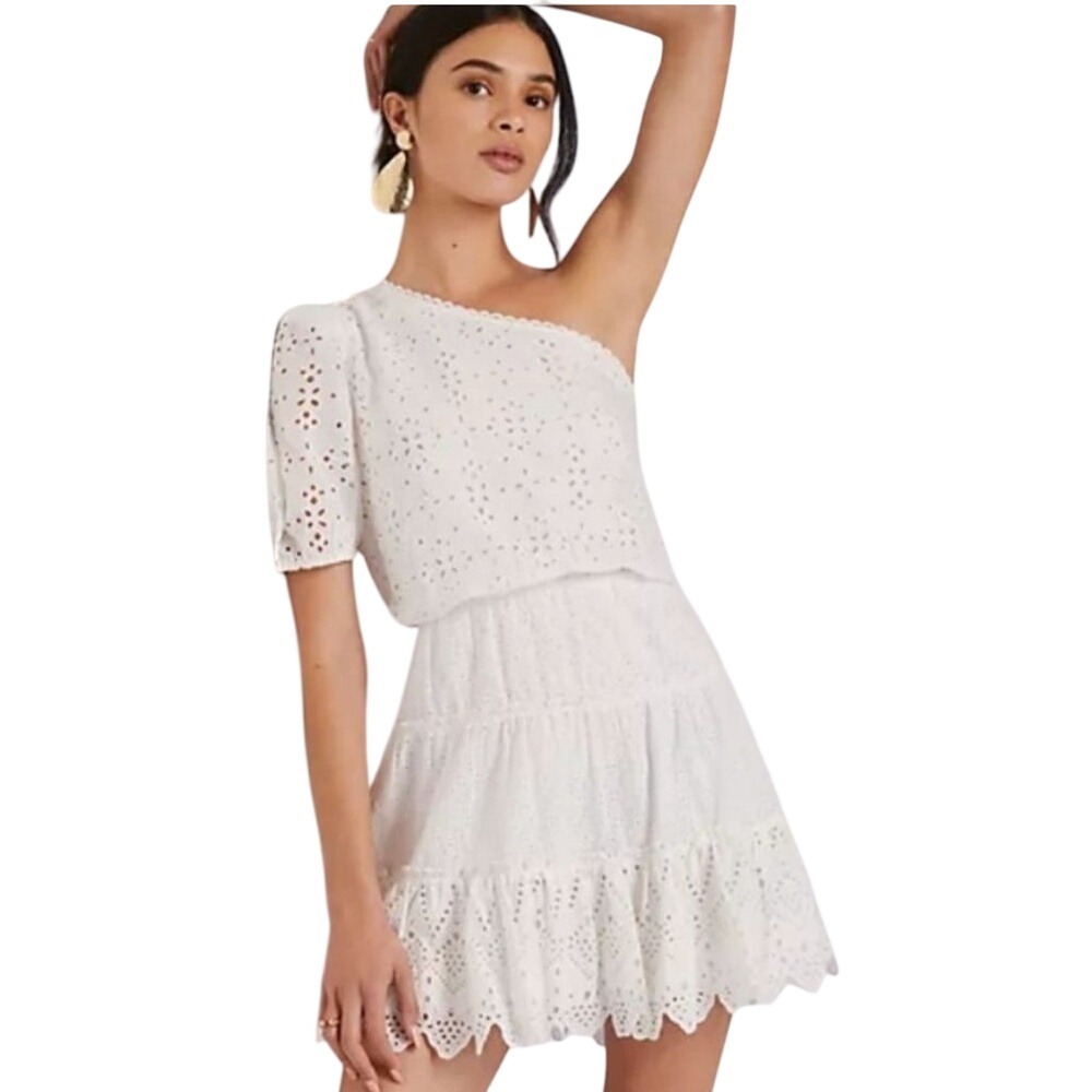HEMANT & NANDITA Cream/White Eyelet One-Shoulder Tiered Mini Skirt Dress Size 8